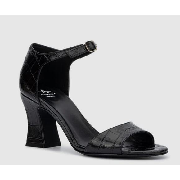 NEW AQUATALIA SANDAL HEEL BLACK LEATHER CROC EMBOSSED STRAPPY MARY JANES CALLEY - Picture 2 of 16